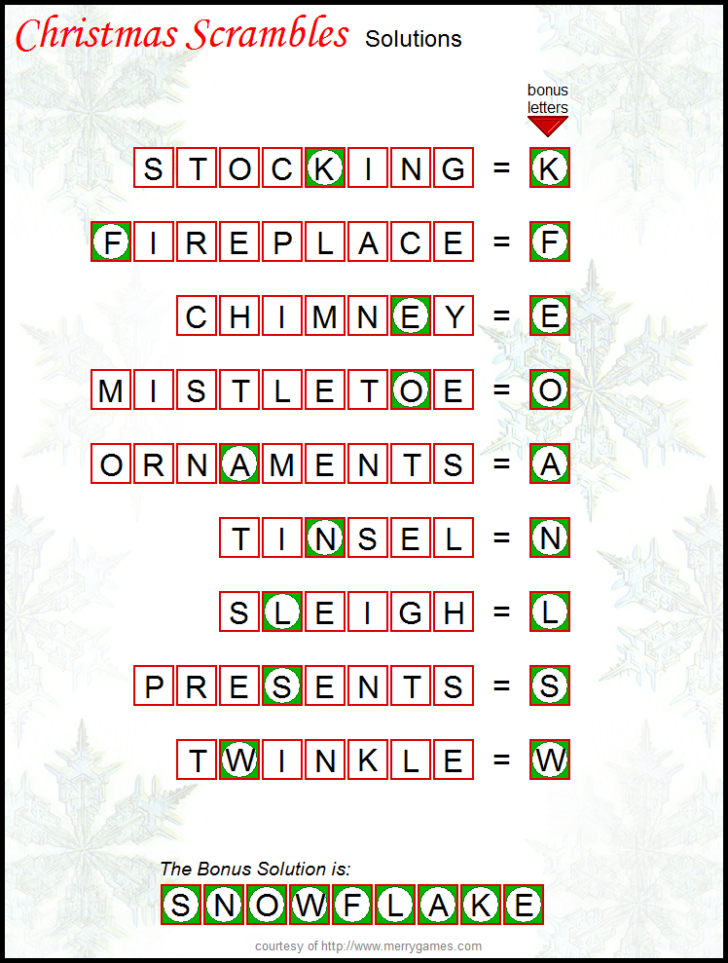 Christmas Scramble Puzzle Answer Sheet Kids Christmas Party Printable