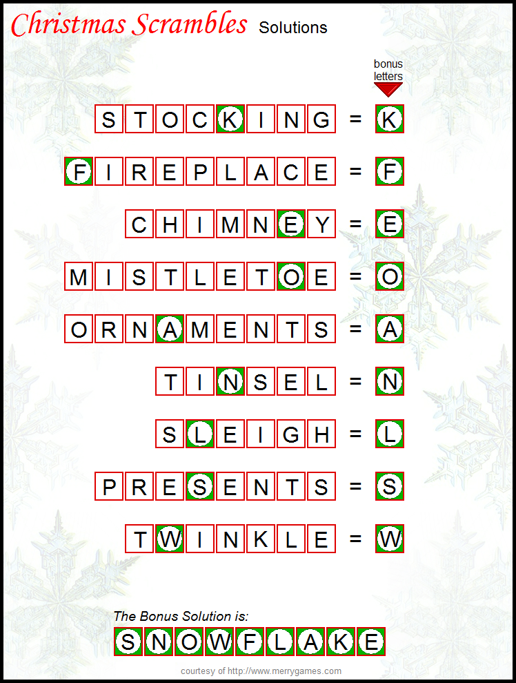 Christmas Scramble Puzzle Answer Sheet Kids Christmas Party 