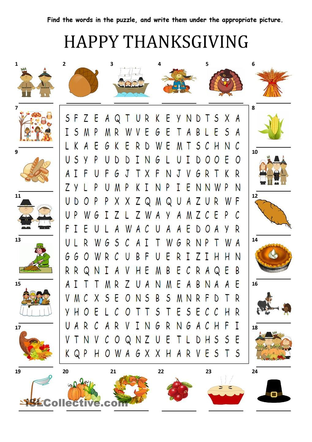 HAPPY THANKSGIVING WORDSEARCH PUZZLE Thanksgiving Worksheets 