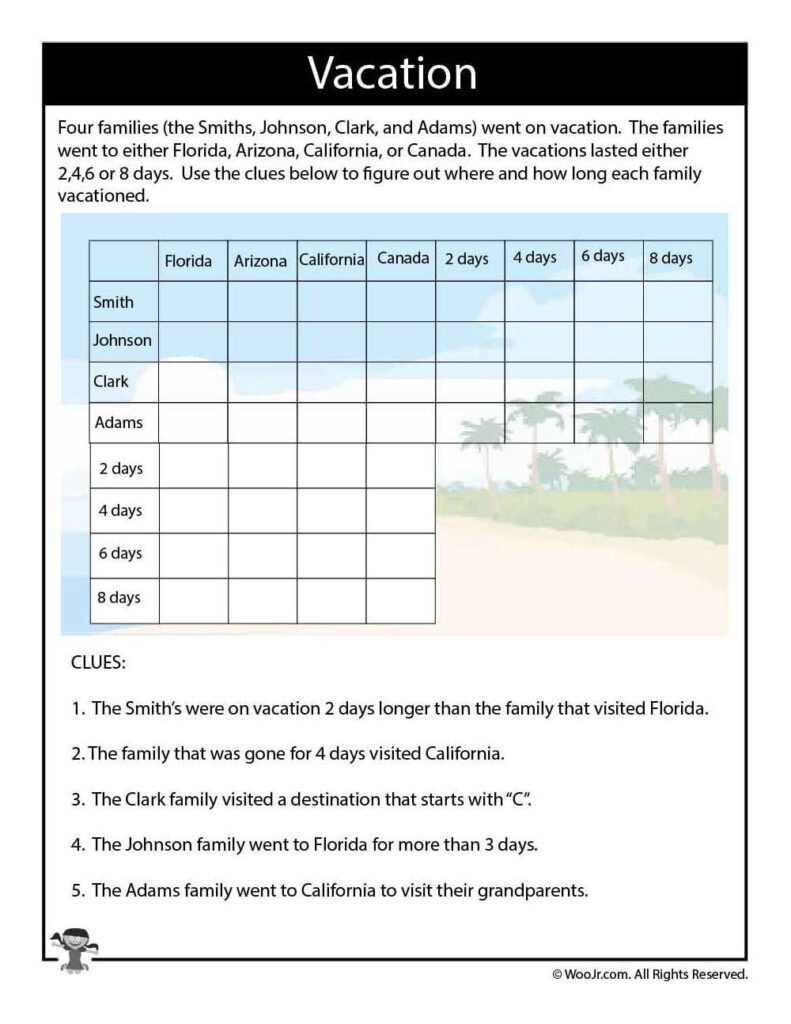 On Vacation Difficult Logic Puzzle Woo Jr Kids Activities Math Printable Logic Puzzles