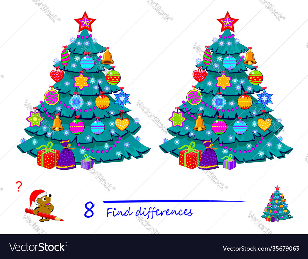 Find 8 Differences Christmas Tree Logic Puzzle Vector Image inside Christmas Tree Logic Puzzles