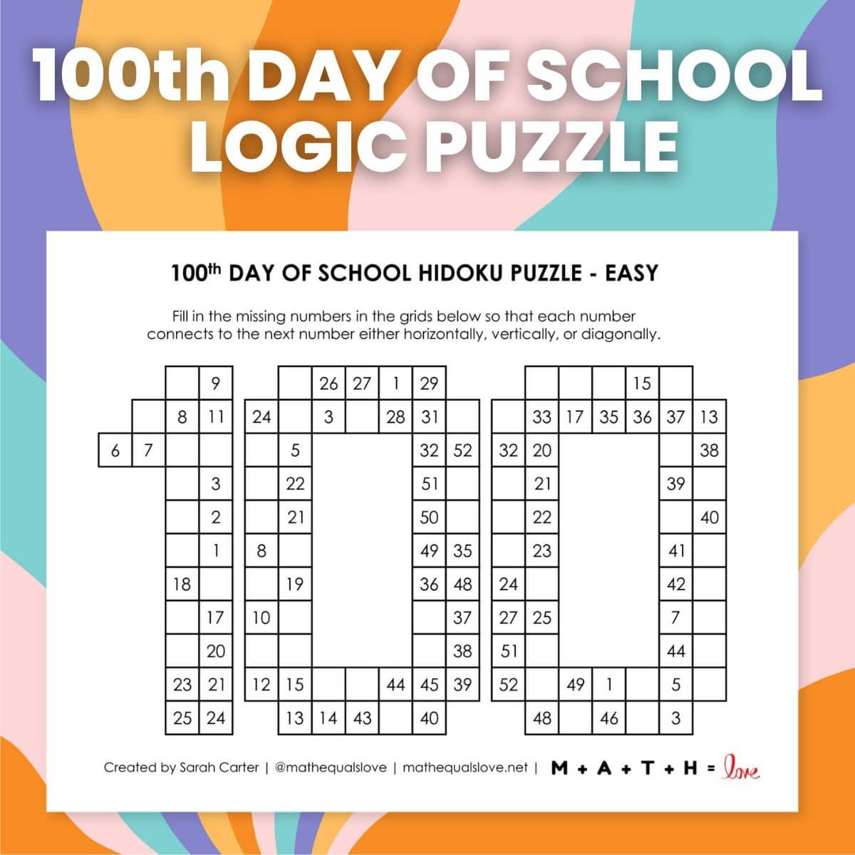 100Th Day Of School Hidoku Logic Puzzles | Math = Love with Logic Puzzles Printable High School
