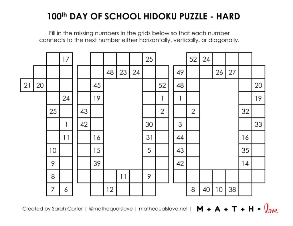 100Th Day Of School Hidoku Logic Puzzles | Math = Love with regard to Number Filling Logic Puzzle