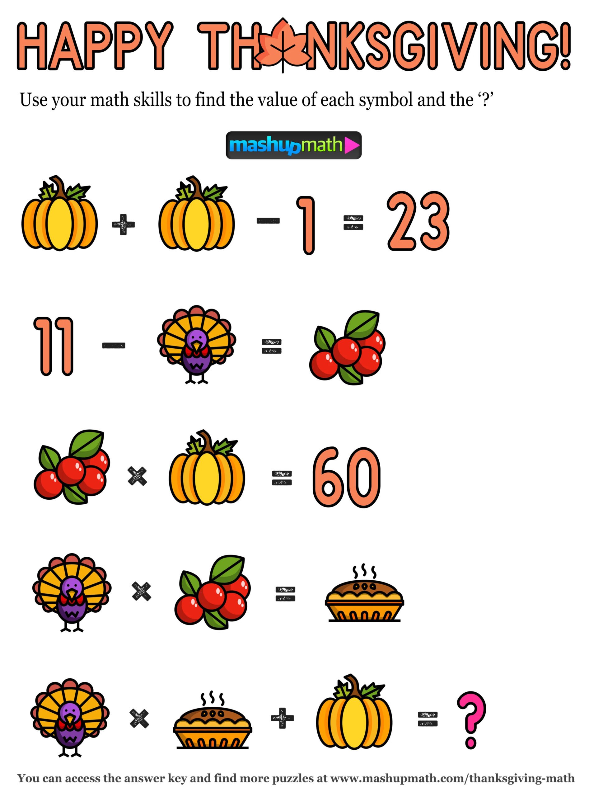 12 Thanksgiving Math Activities For Grades 1-8 — Mashup Math with Thanksgiving Logic Puzzle Free Printable