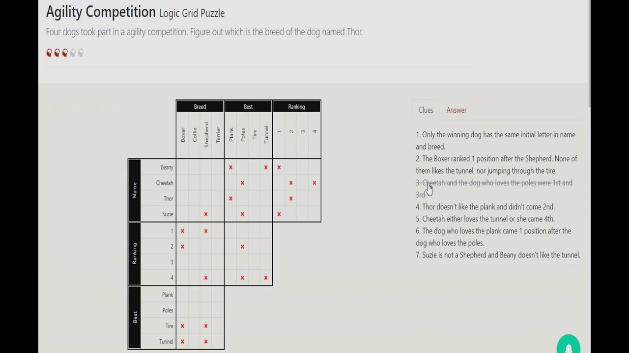 Agility Competition - Logic Grid Puzzle - Walkthrough in Bainzilla Logic Puzxles