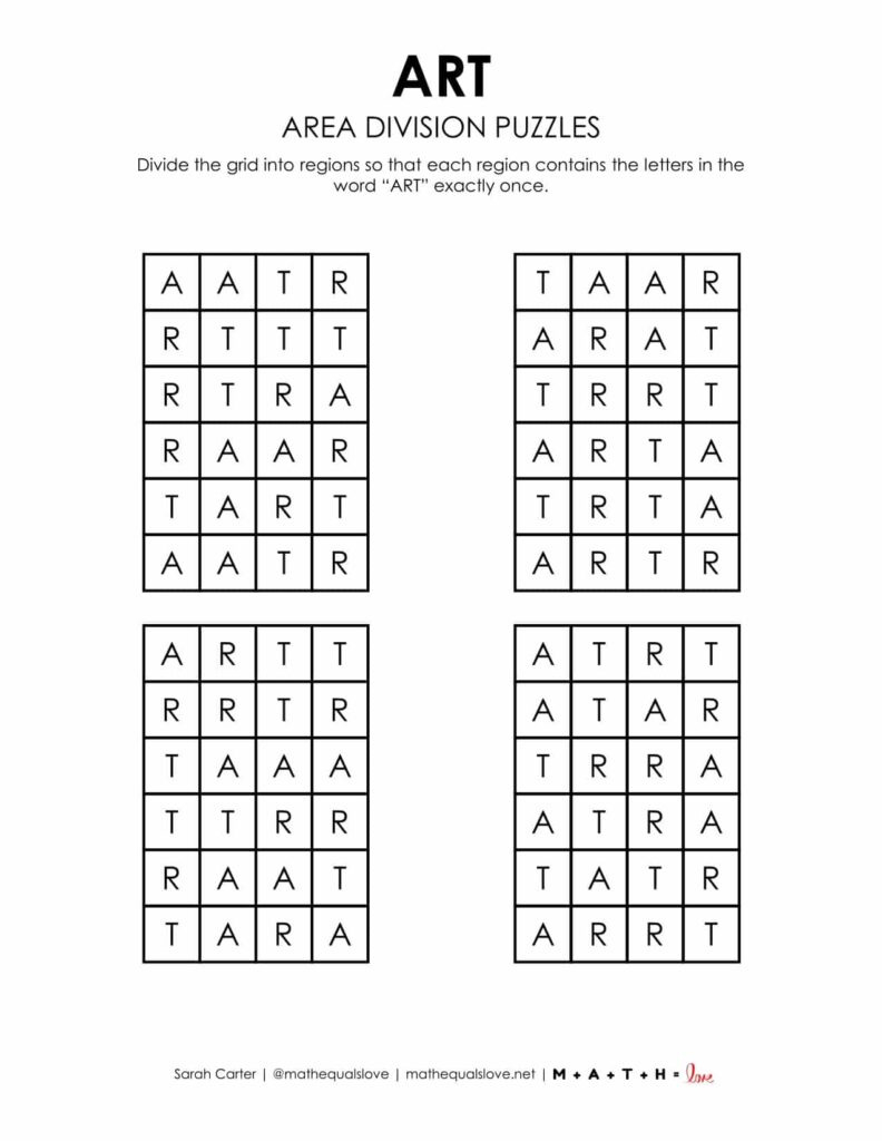 Art Area Division Logic Puzzles | Math = Love throughout Printable Logic Art Puzzles