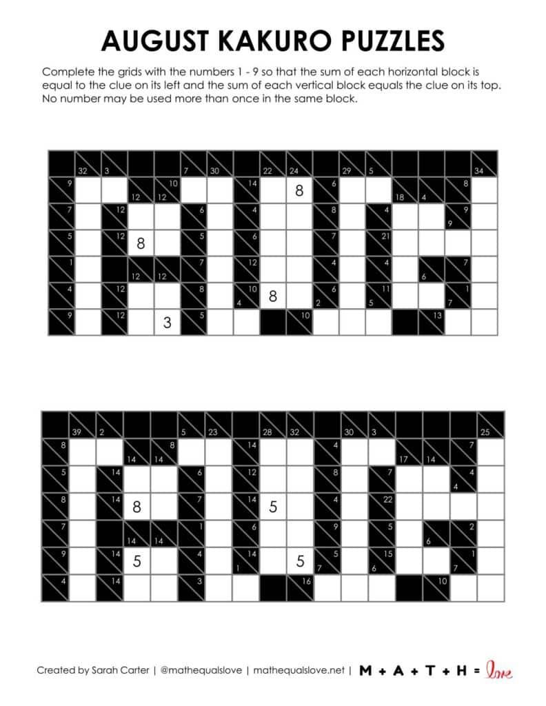 August Kakuro Puzzles | Math = Love throughout Printable Collection of 12 Logic Problems Answers