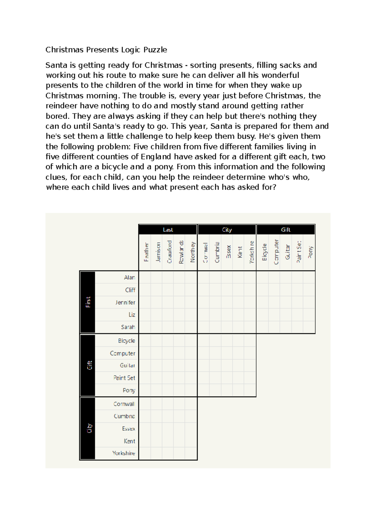 Christmas Presents Logic Puzzles: Santa&amp;#039;S Challenge For Reindeer intended for Christmas Logic Puzzles Answers