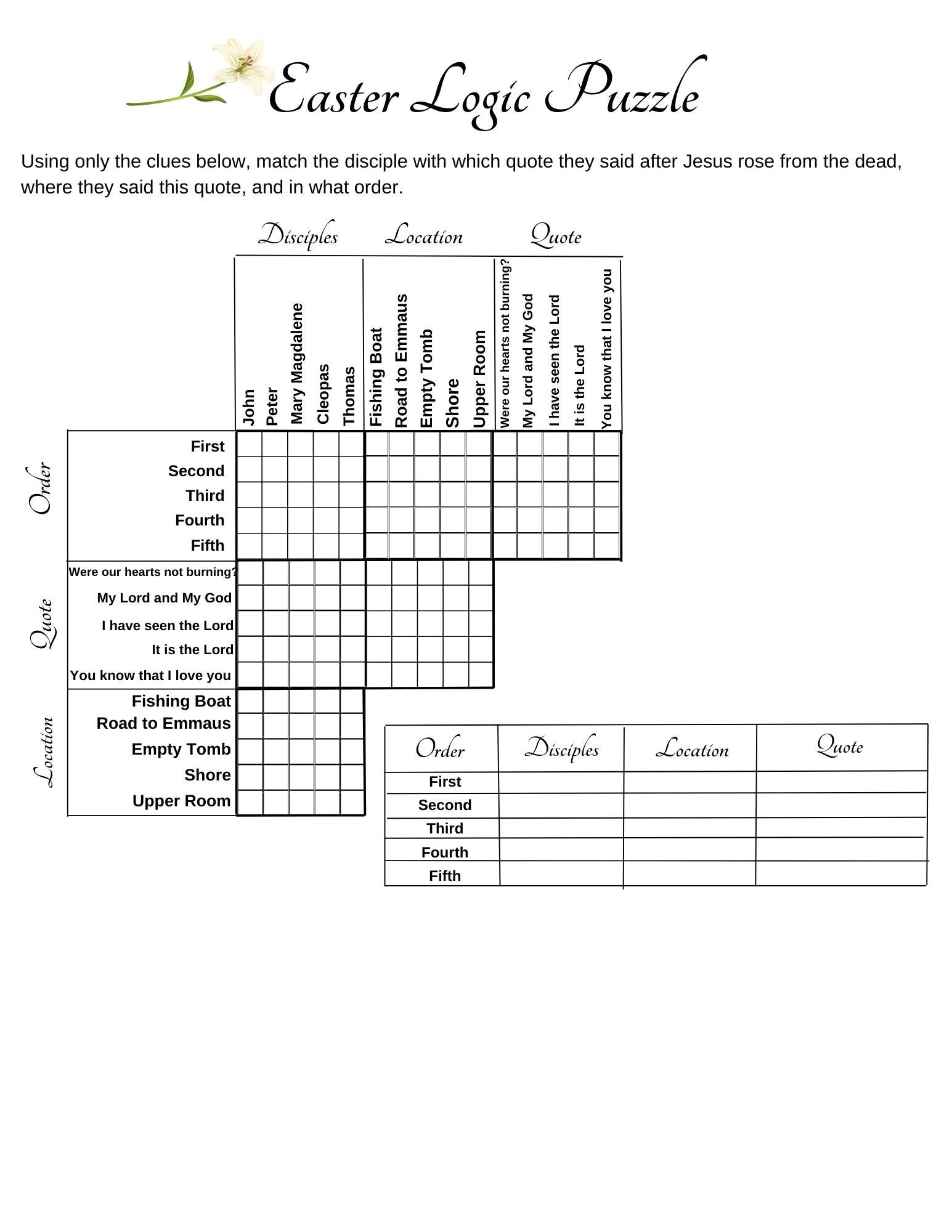 Easter Logic Puzzle, Printable Logic Puzzle Games, Christian Disciples, Bible, Instant Download pertaining to Printable Logic Puzzles For Adults