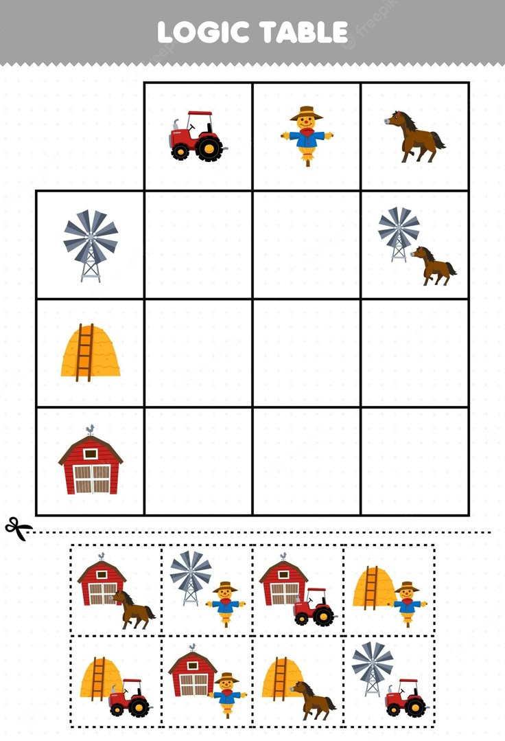 Education Game For Children Logic Table Cut And Match Of Cute inside Logic Table Picture For Kids