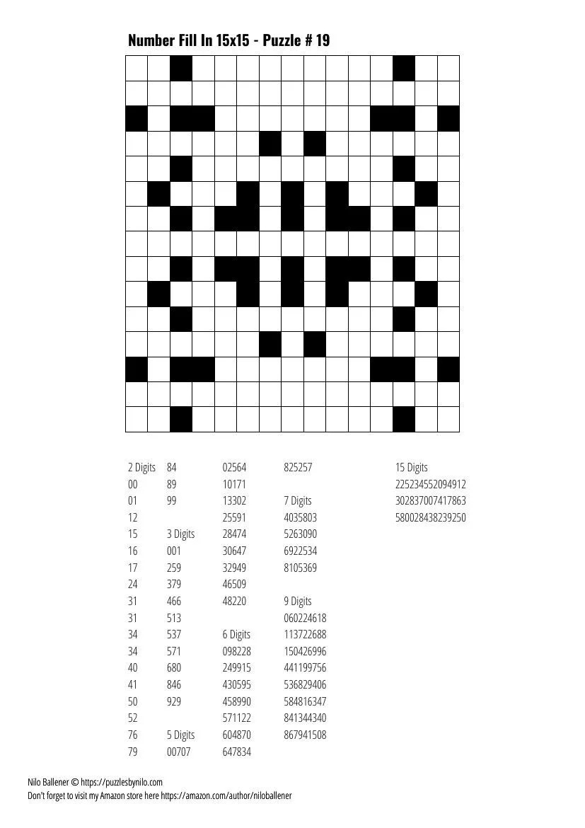 Free Downloadable Puzzle Number Fill In 15X15 # 19 — Puzzlesnilo pertaining to Number Fill In Puzzle Answer Key