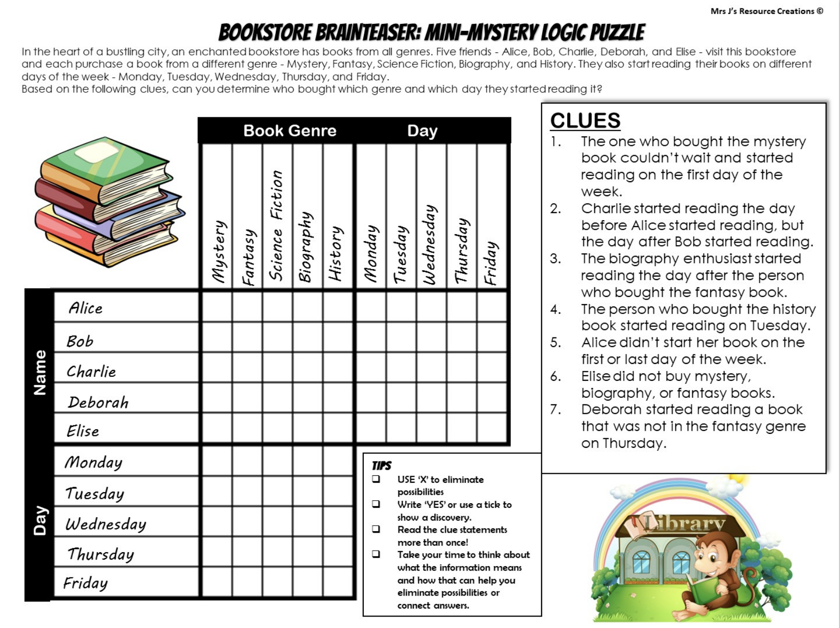 Free Mystery Logic Puzzle For Book Week - Top-Rated Teaching within Free Printable Logic Puzzle