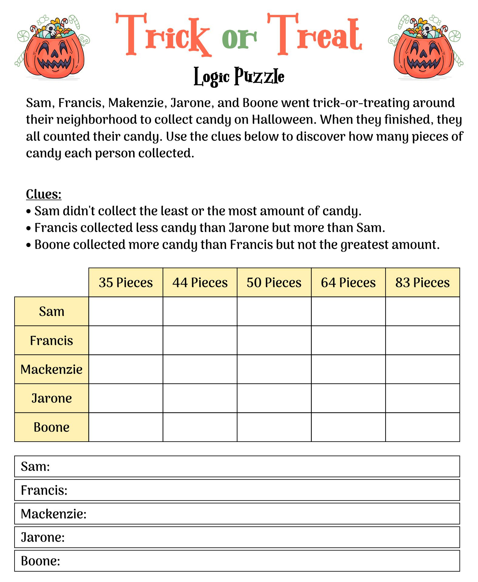 Halloween Logic Puzzles - Worksheets Library within Printable Halloween Logic Puzzles
