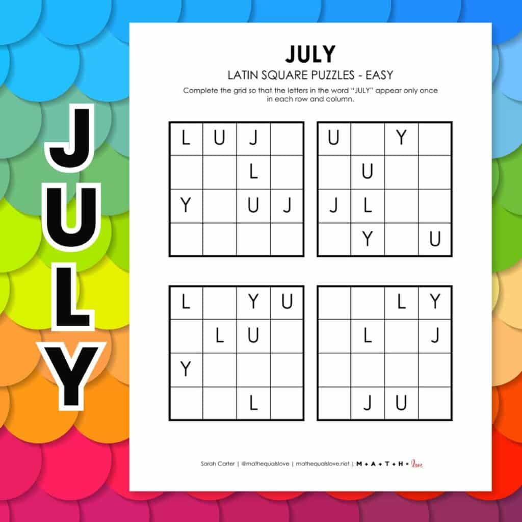 July Latin Square Puzzles (Free Pdf) in Easy Logic Grid Puzzles Printable