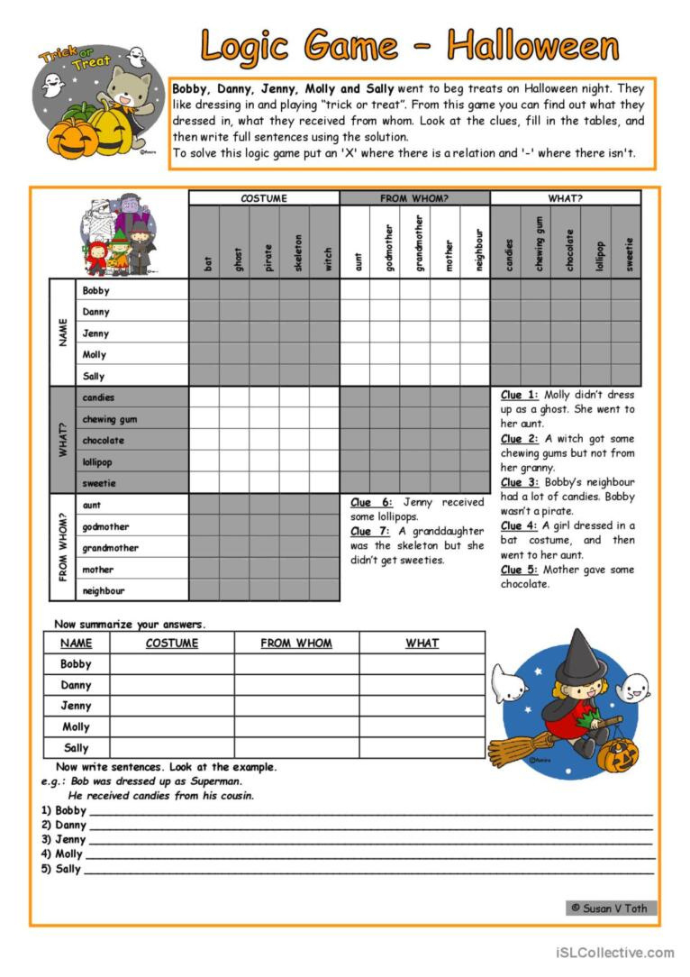 Logic Game (34Th) - Halloween * Elem…: English Esl Worksheets Pdf intended for Free Printable Halloween Logic Puzzles