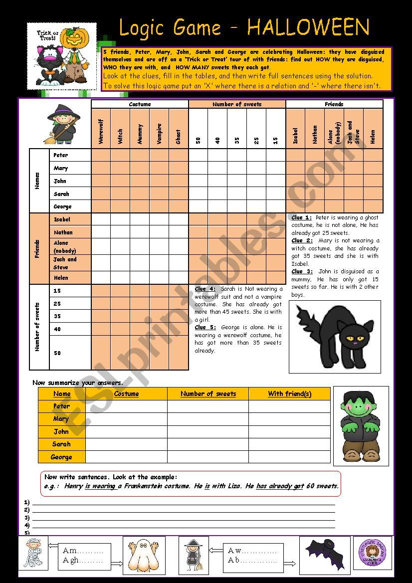 Logic Game: Halloween ;O)) - Esl Worksheetpelletrine pertaining to Halloween Logic Puzzles Printable