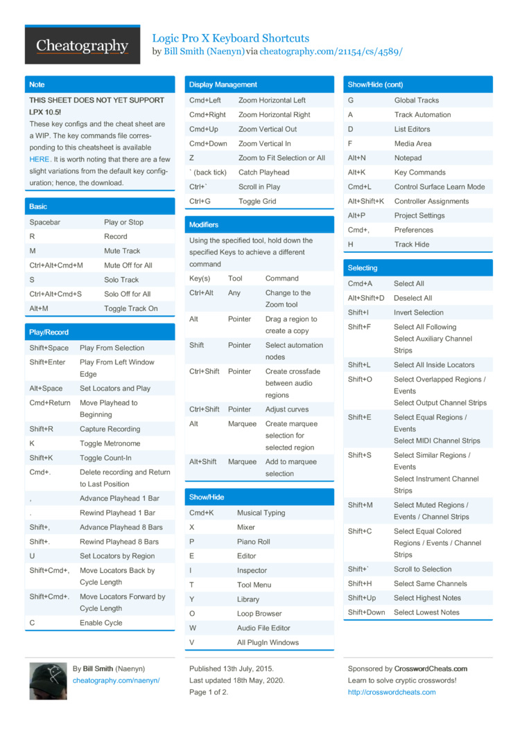 Logic Pro X Keyboard Shortcutsnaenyn - Download Free From regarding Logic Pro X Keyboard Shortcuts Printable