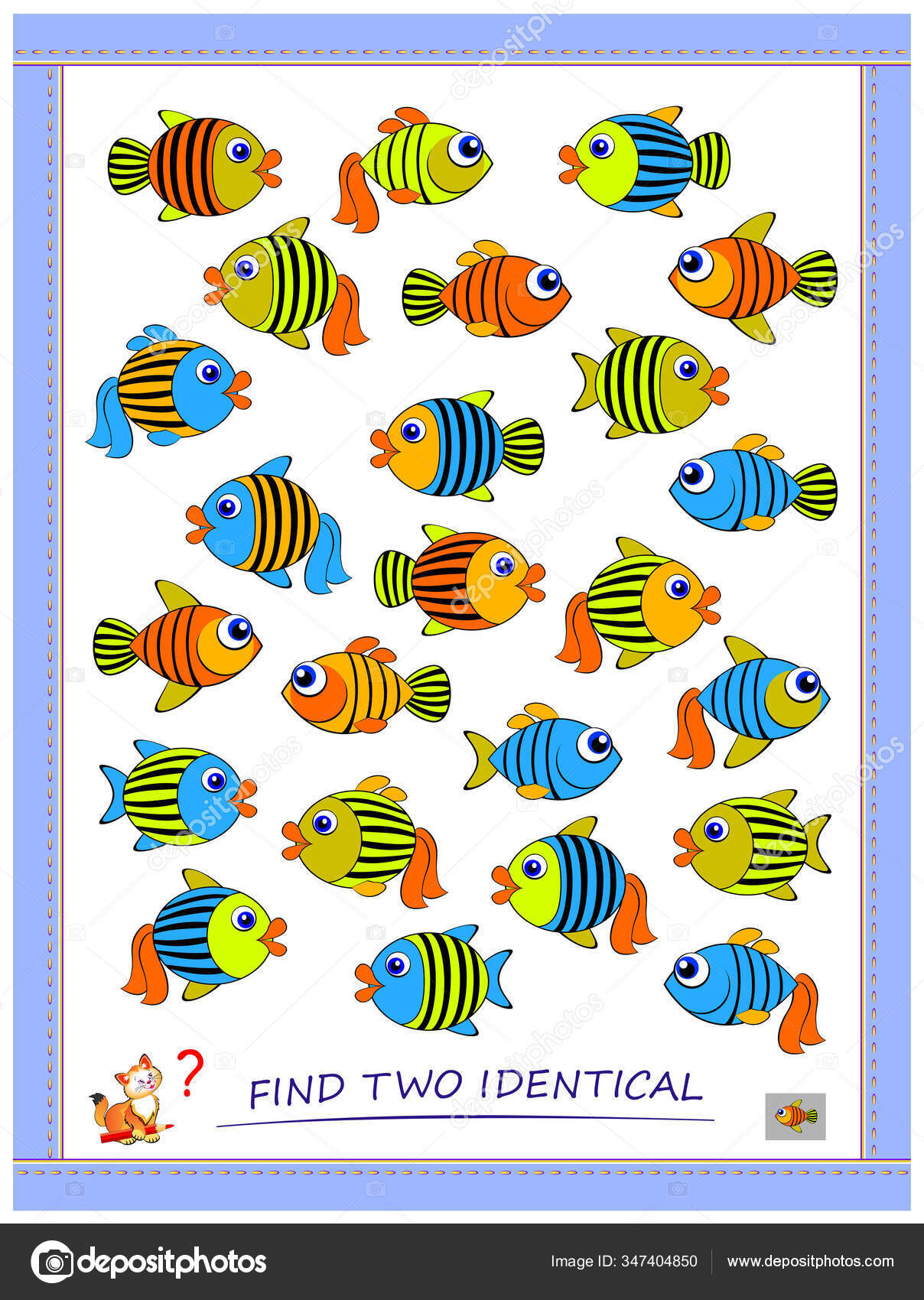 Logic Puzzle Game Children Adults Find Two Identical Fishes for Printable Logic Game