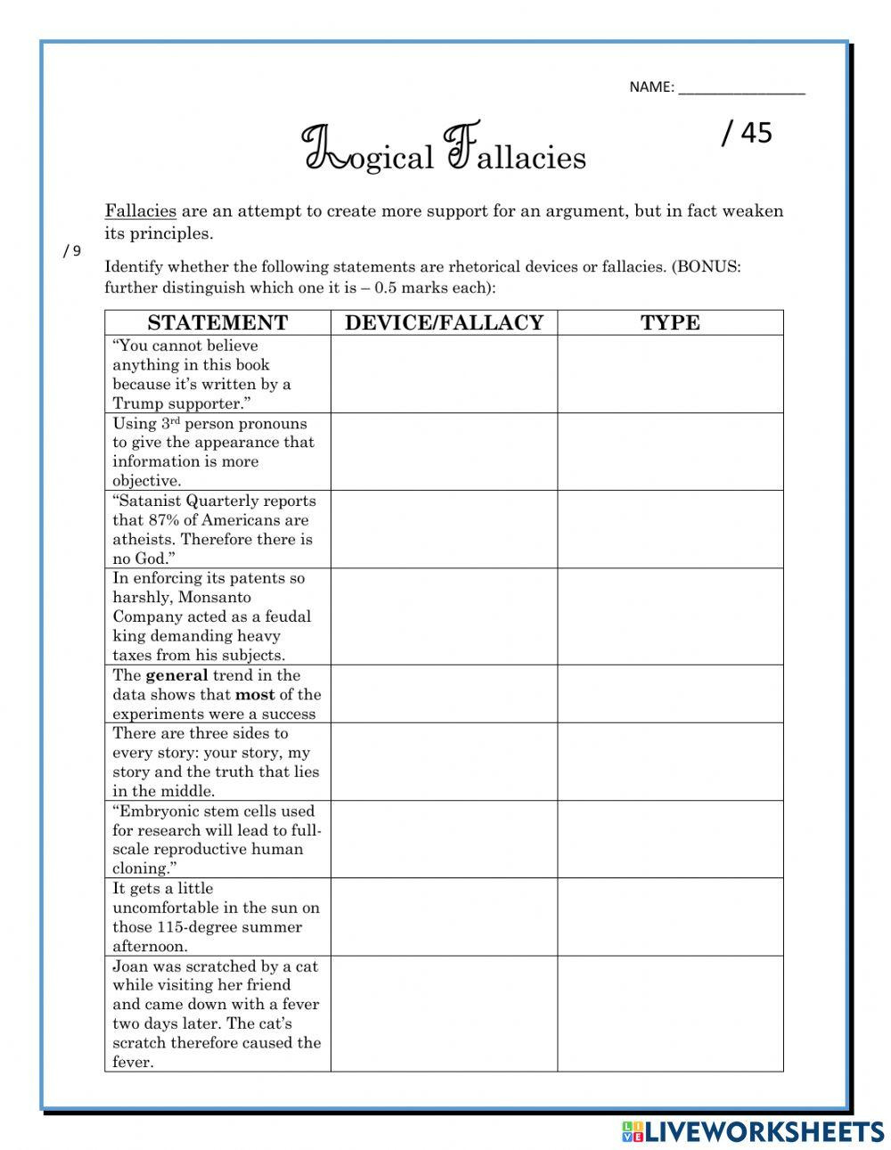 Logical Fallacies In Four Articles Worksheet | Live Worksheets within Printable Logical Fallacies Worksheet