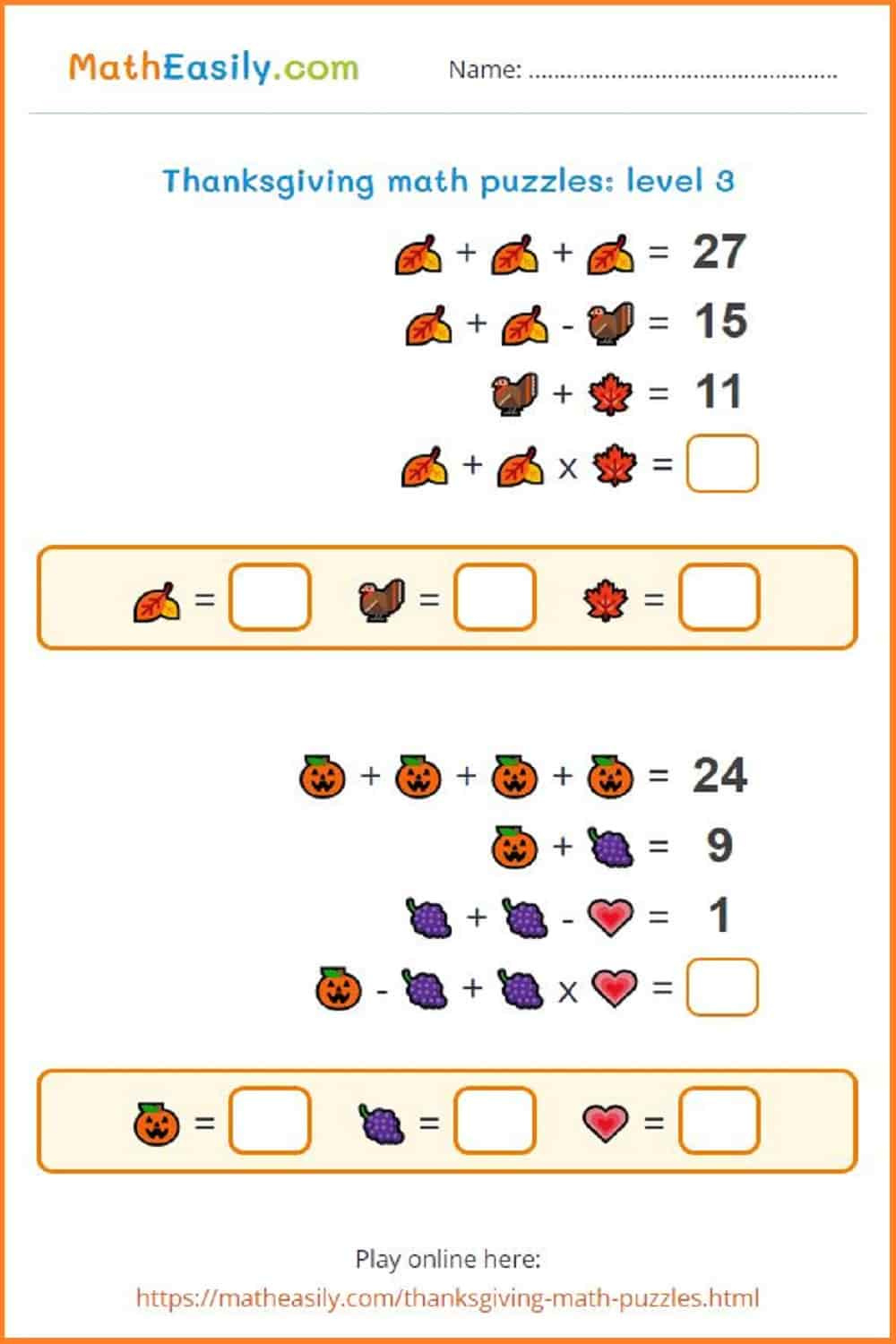 Math Thanksgiving Puzzles Printable + Online 🦃 throughout Free Printable Thanksgiving Logic Puzzles
