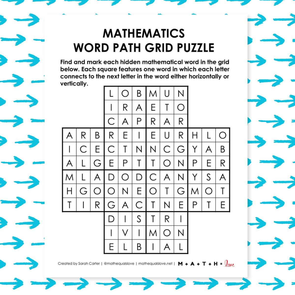 Mathematics Word Path Grid Puzzle | Math = Love inside Matrix Puzzles High School