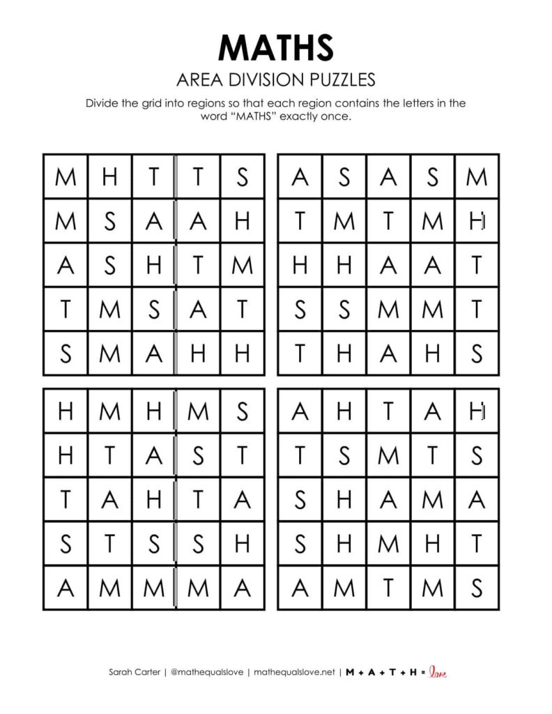 Maths Area Division Logic Puzzles | Math = Love in Logic Lovely Printable Word Searches