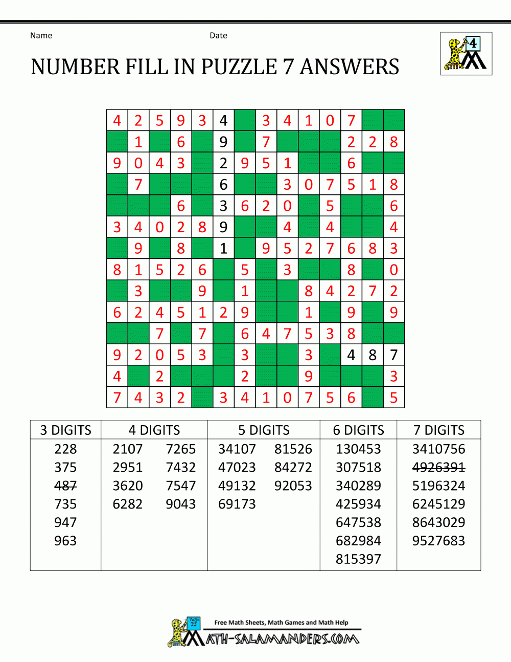 Number Fill In Puzzles regarding Number Fill In Puzzle Answer Key