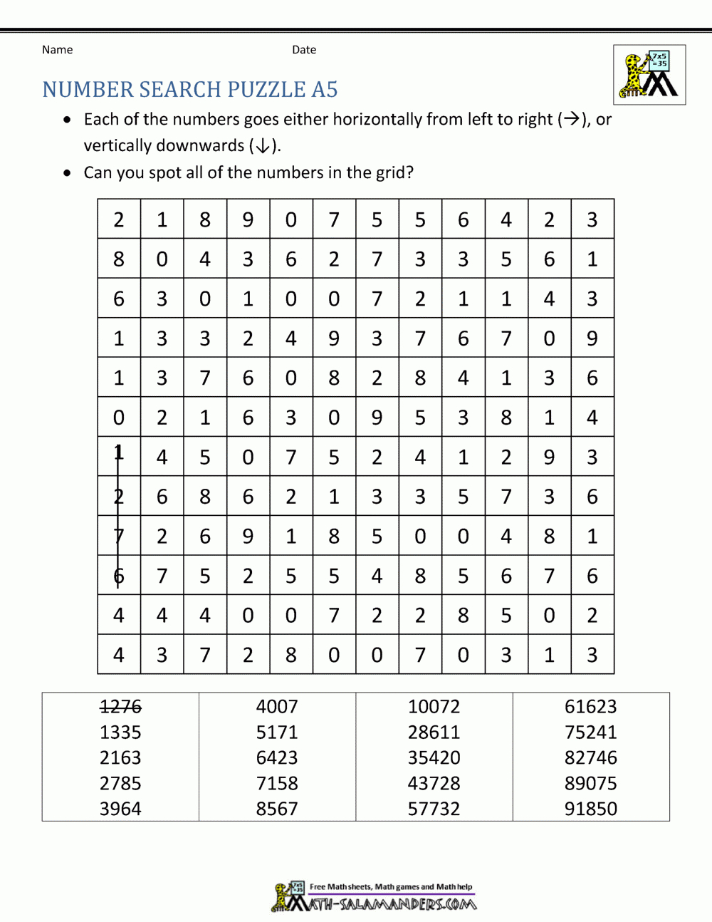 Number Search Puzzles in Number Fill in Puzzle Answer Key