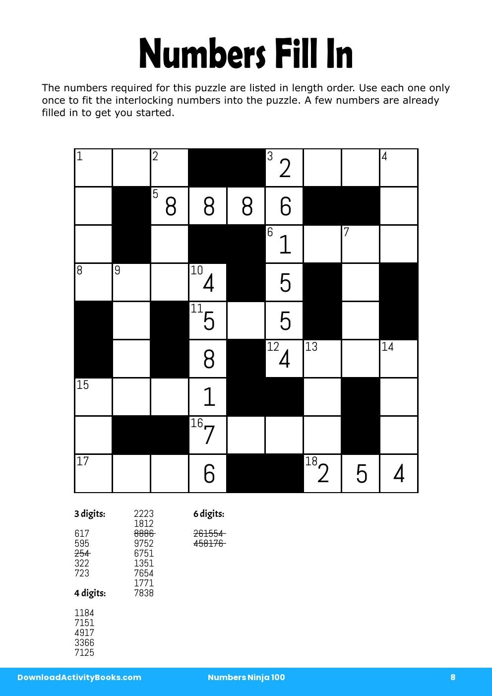 Numbers Fill In In Numbers Ninja 100 throughout Number Fill in Puzzle Answer Key