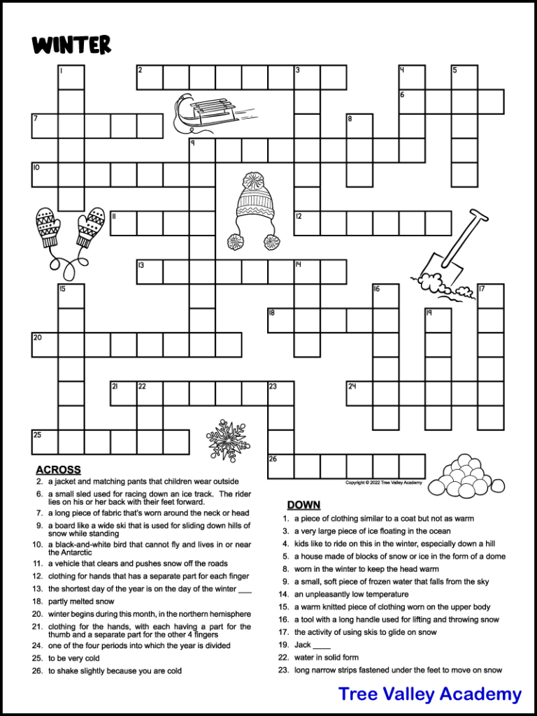 Printable Winter Crossword Puzzles For Kids - Tree Valley Academy inside Winter Logic Puzzles Printable