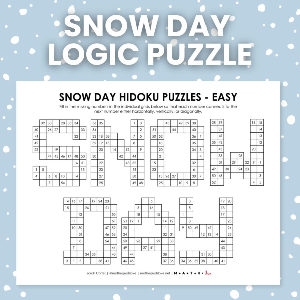 Snow Day Hidoku Logic Puzzles | Math = Love for Winter Logic Puzzles Printable Free