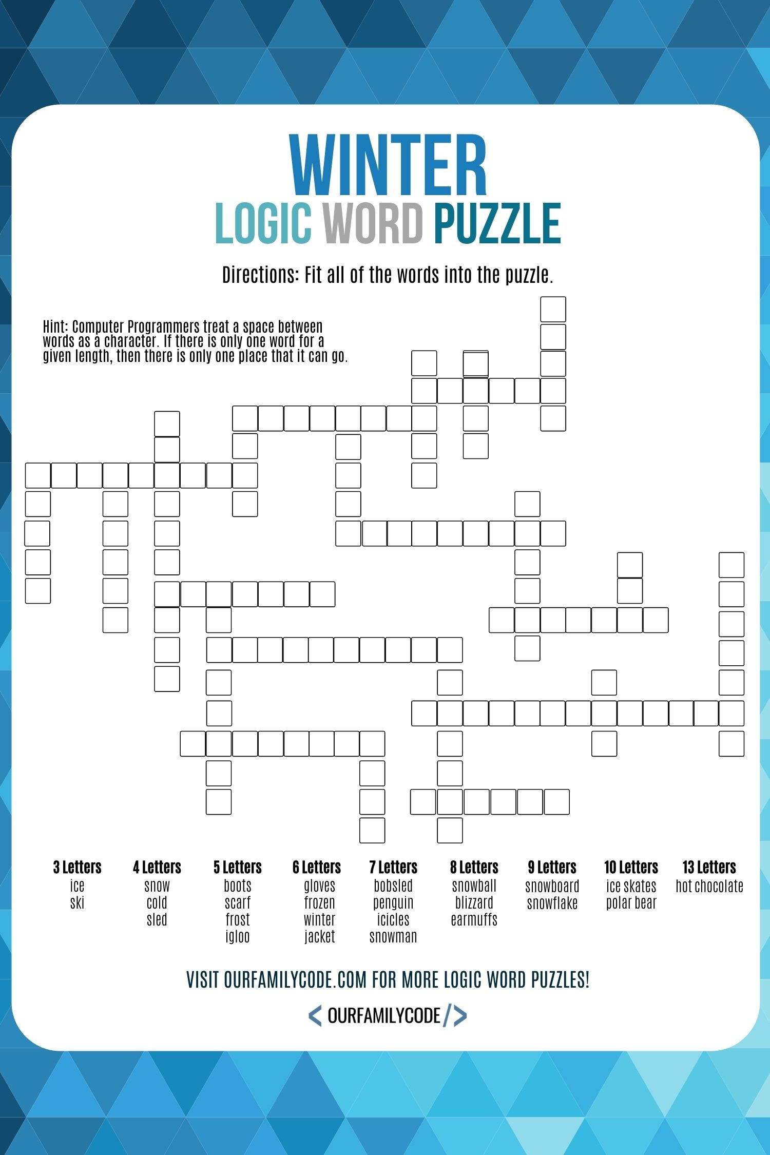 Snow Day Winter Logic Word Puzzle - Our Family Code intended for Winter Logic Puzzles Printable Free