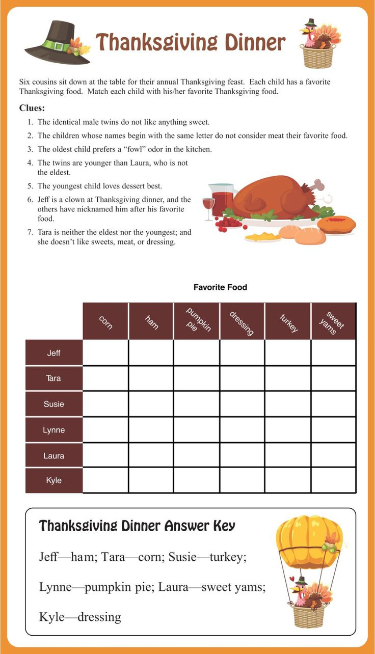 Thanksgiving Dinner Holiday Brain Teasers Answers | Brain Teasers for Free Printable Thanksgiving Logic Puzzles