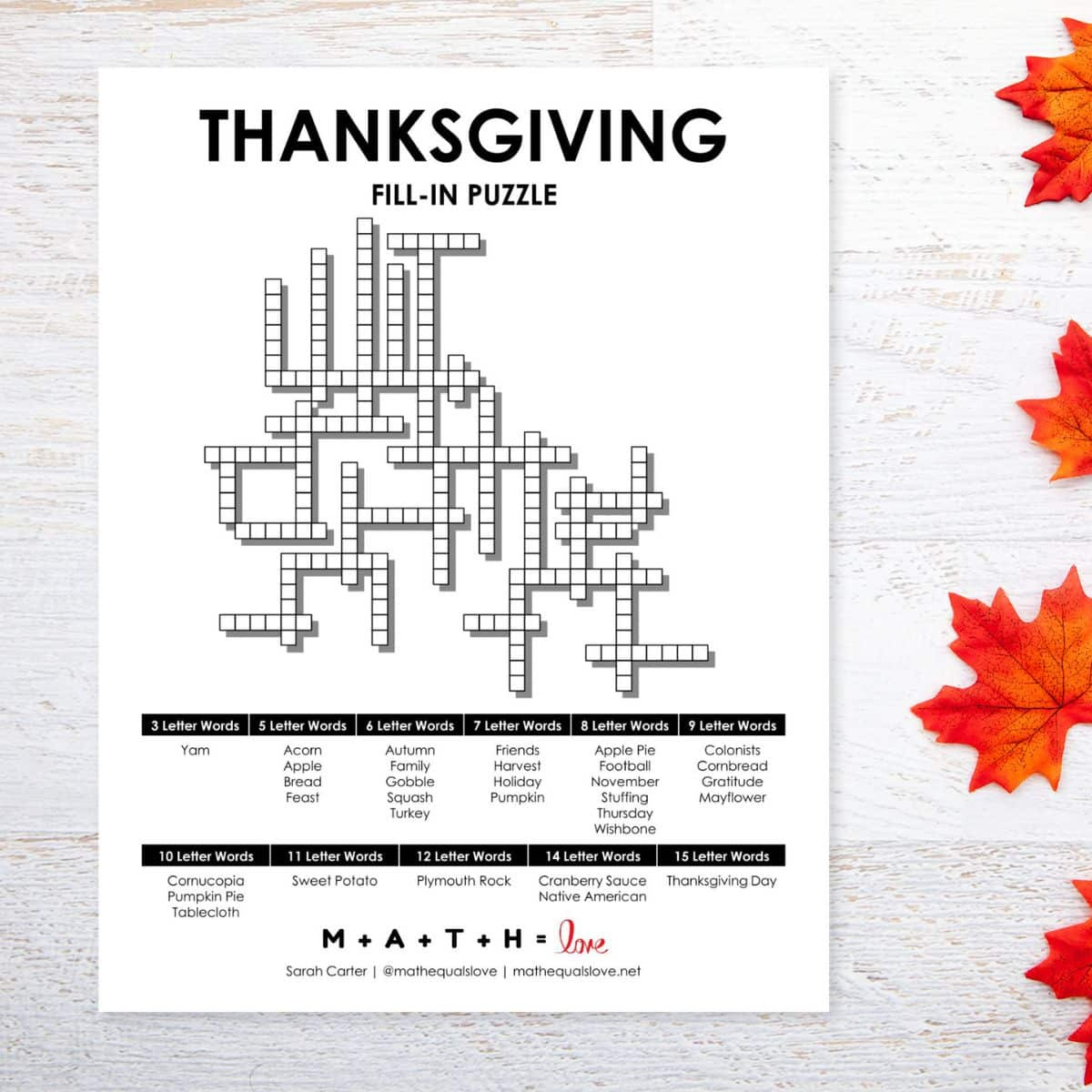 Thanksgiving Fill-In Word Puzzle | Math = Love for Free Printable Thanksgiving Logic Puzzles