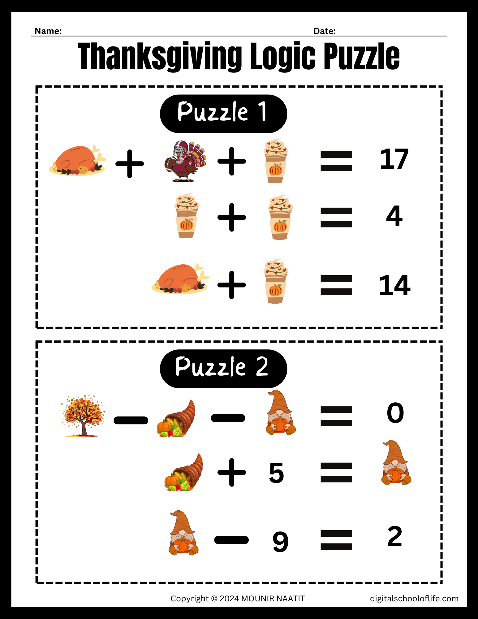 Thanksgiving Logic Puzzles, 10 Math Puzzles, Addition And with Thanksgiving Logic Puzzle Printable